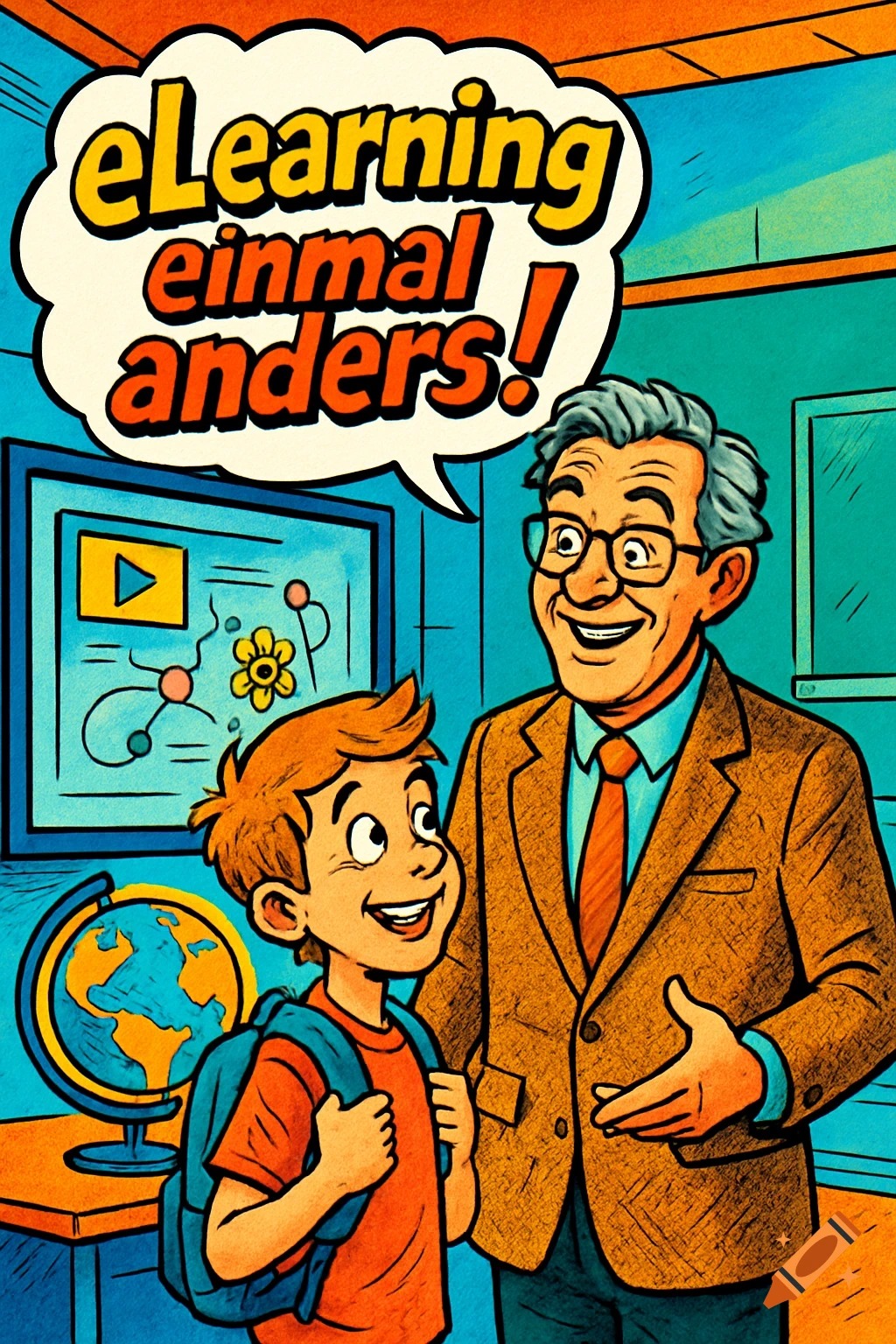 Elearning Comic Patterns A smiling teacher and a student with a backpack in a comic style ...