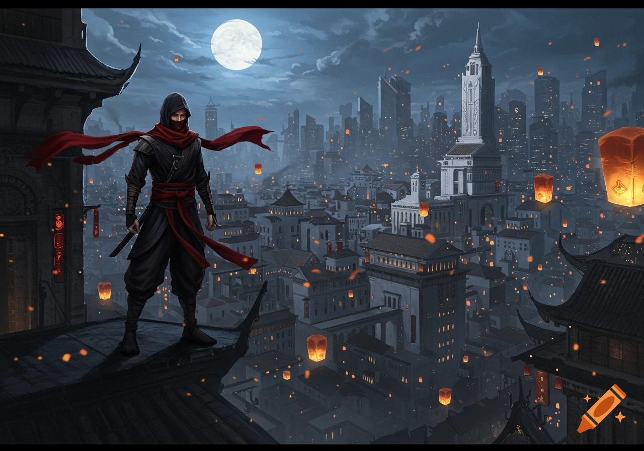 A ninja stands on a rooftop overlooking a futuristic city at night, illuminated by a full moon and numerous floating lanterns in a fantasy art style.