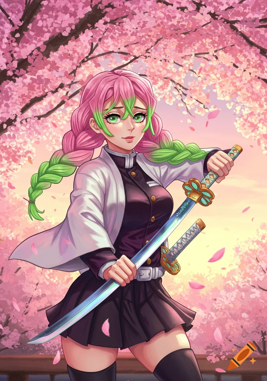 An anime character, Mitsuri Kanroji, with pink and green braided hair, holds a katana under a cherry blossom tree at sunset.