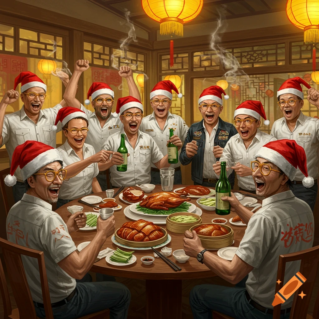 Illustrated scene of 9 men in Santa hats laughing, eating duck, and drinking beer from bottles in a Chinese restaurant.