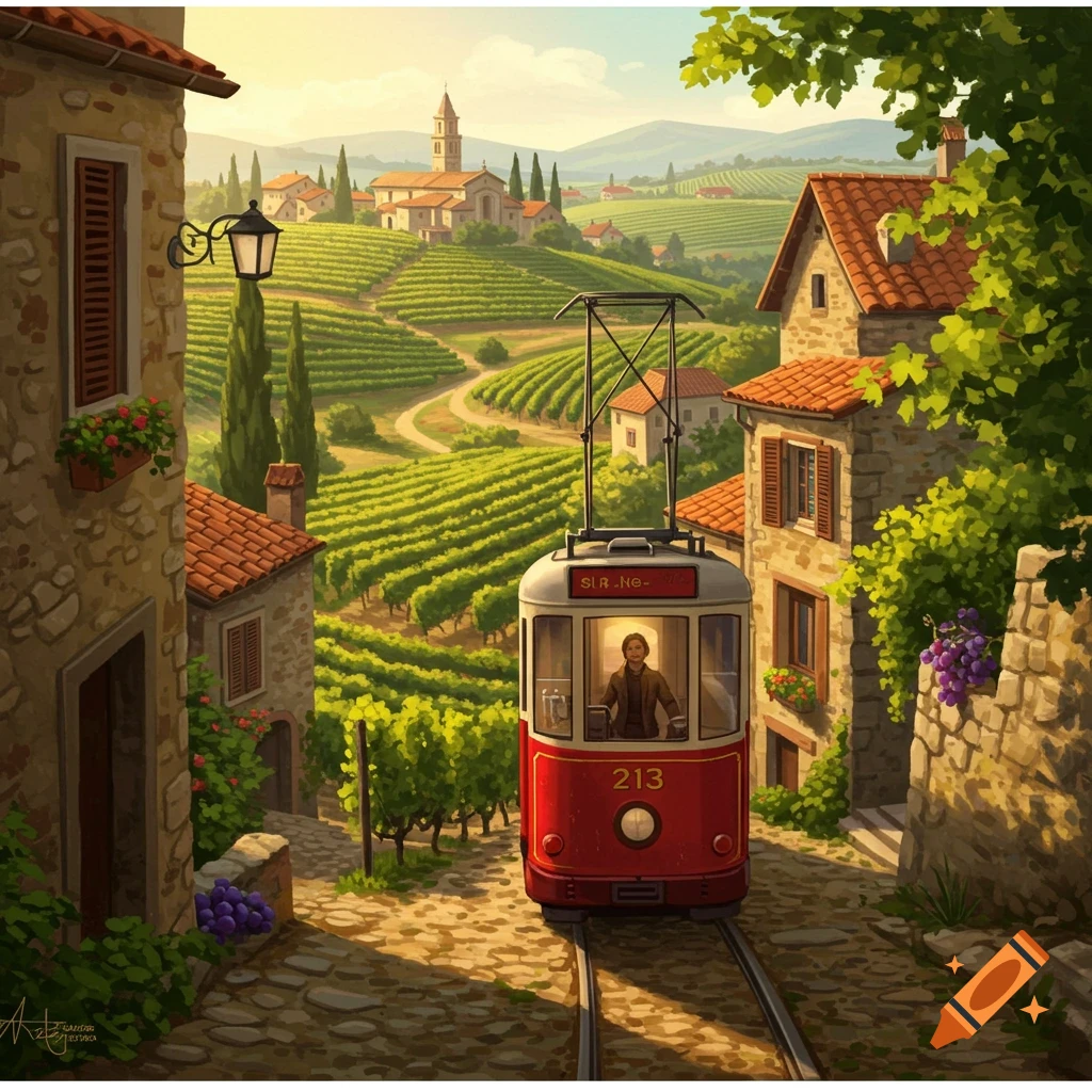 A red tram travels on tracks through a sunny European village surrounded by lush green vineyards, with stone buildings and a church in the background, in an illustrative style.