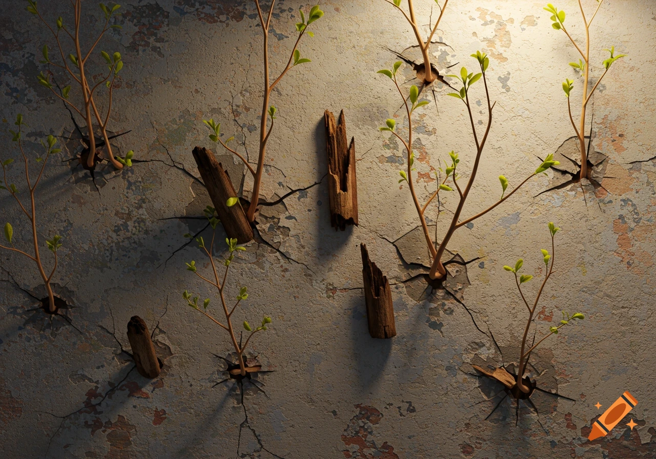 Young plants with green leaves sprout from cracks in a crumbling, textured wall, interspersed with broken wood pieces, under warm light.