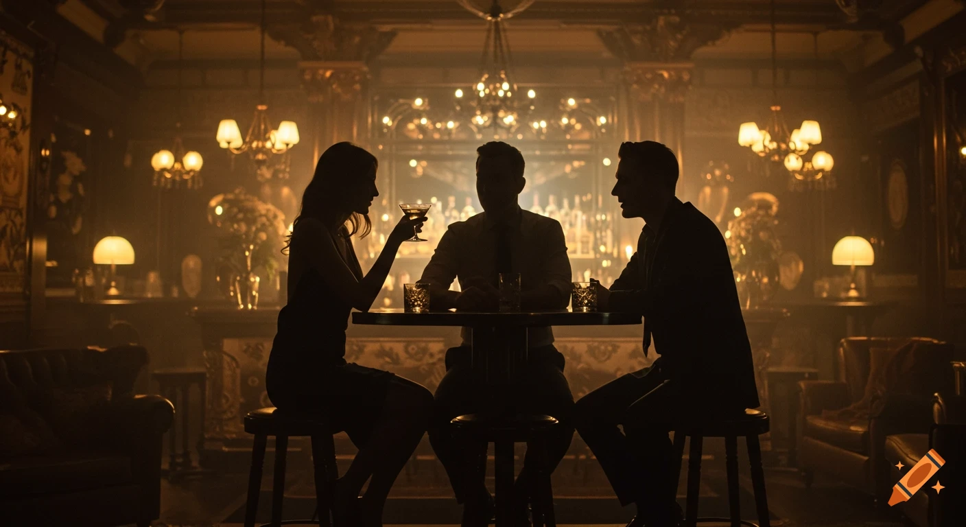Silhouettes of two men and a woman conversing at a table in a dimly lit, atmospheric bar, cinematic style.
