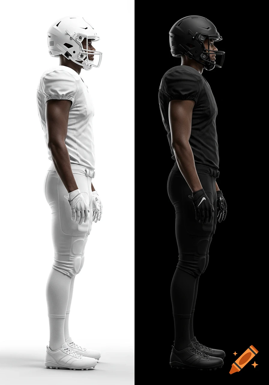 Photorealistic side view of two American football players. One in white uniform on a white background, other in black uniform on a black background.