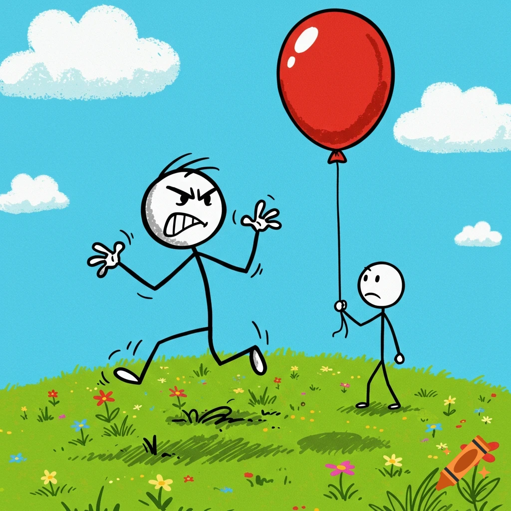 A cartoon of an angry stick figure stomping at a sad stick figure holding a red balloon on a grassy hill.