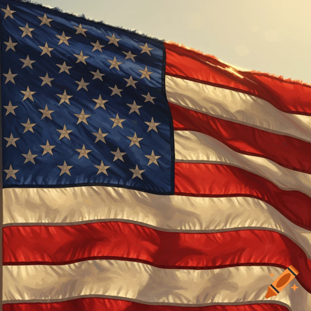 A close-up, painterly depiction of a worn American flag, with visible fibers and threads, waving gently against a light background.