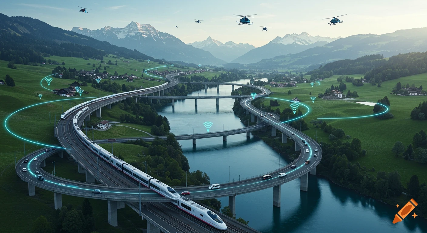 Photorealistic aerial view of a futuristic transportation network with trains, cars, and helicopters moving through a mountain valley, interconnected by glowing blue data lines.