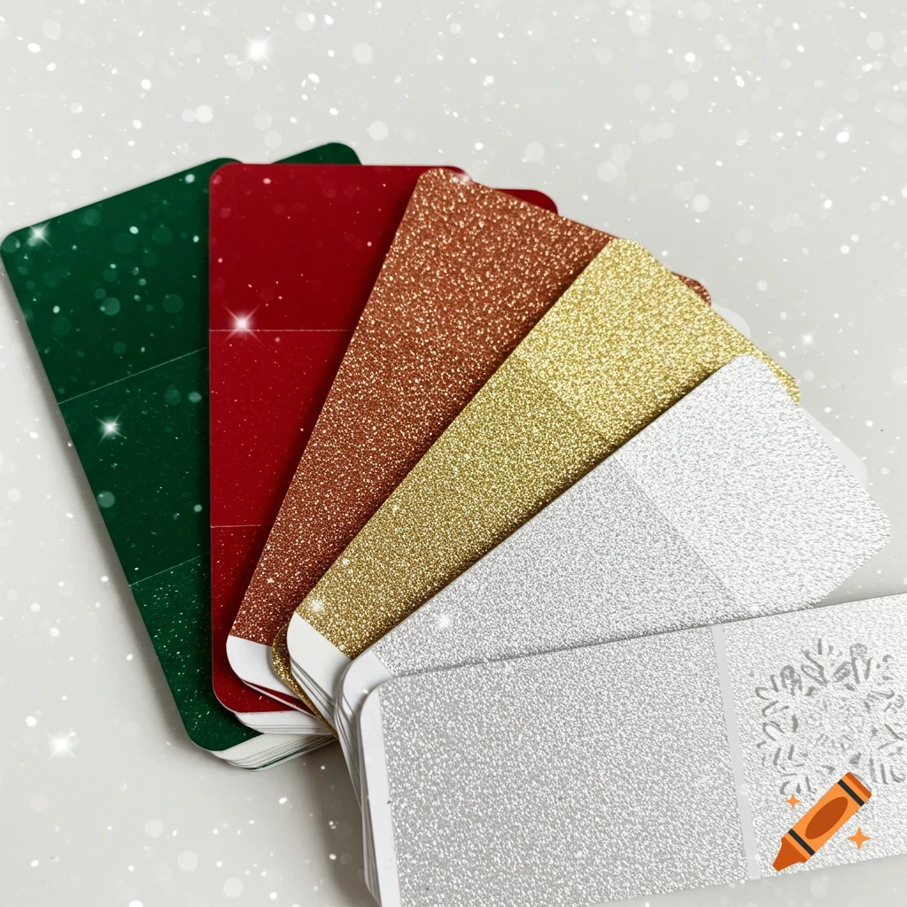 A fan of glitter Christmas color swatches in green, red, copper, gold, and silver, with a snowflake design on a sparkling white background.