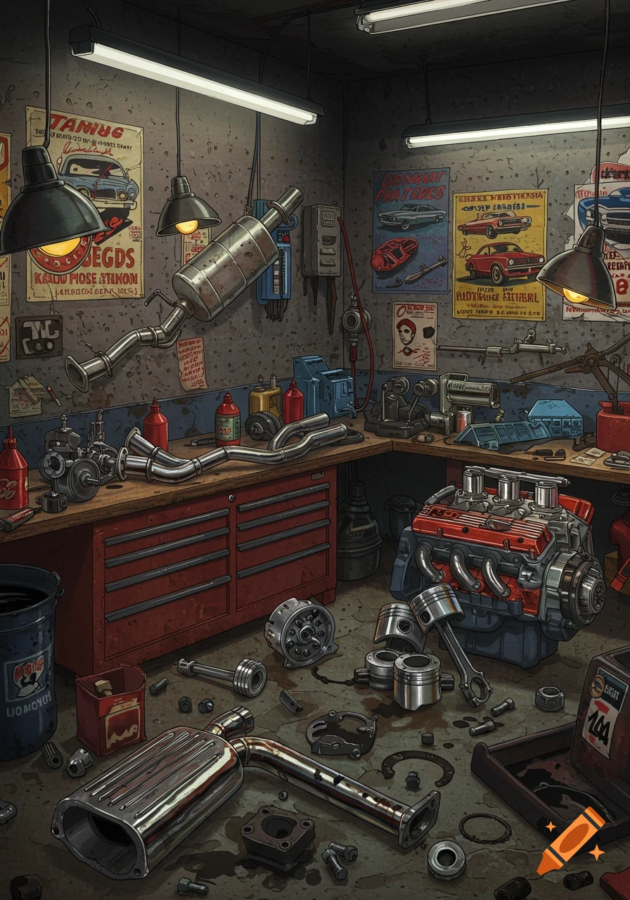 A detailed illustration of a messy auto mechanic's garage with an engine, exhaust pipes, pistons, and tools scattered around.