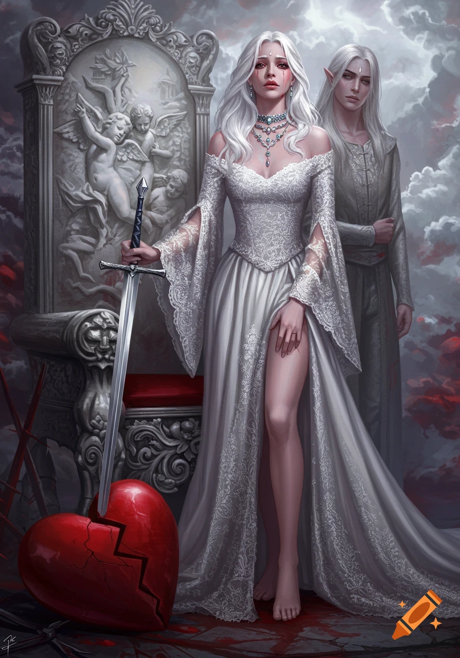 A distraught white-haired woman in a white lace gown stands barefoot with a sword point-down beside a broken red heart on a blood-stained floor. An ornate throne and an elven man are behind her.