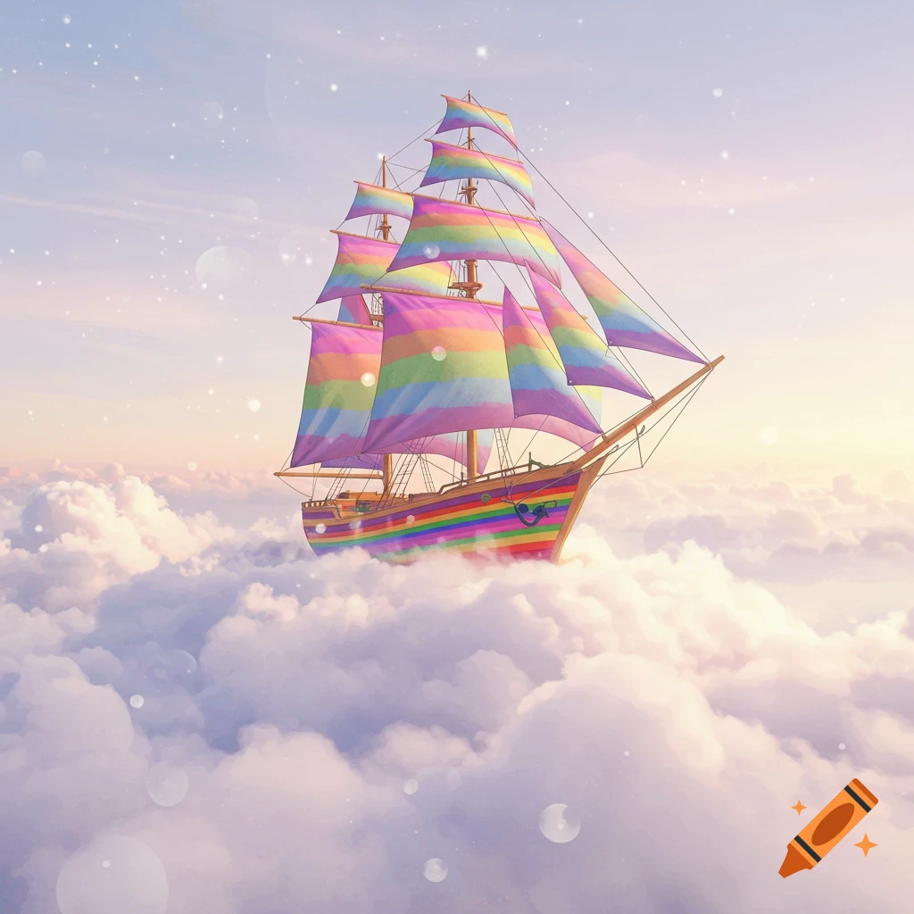 A vibrant rainbow-striped sailing ship with colorful sails floats above fluffy white clouds in a dreamy, pastel sky.
