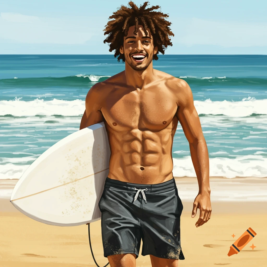 Smiling, muscular man with dreadlocks, shirtless and in shorts, holding a surfboard on a sunny beach with ocean waves.