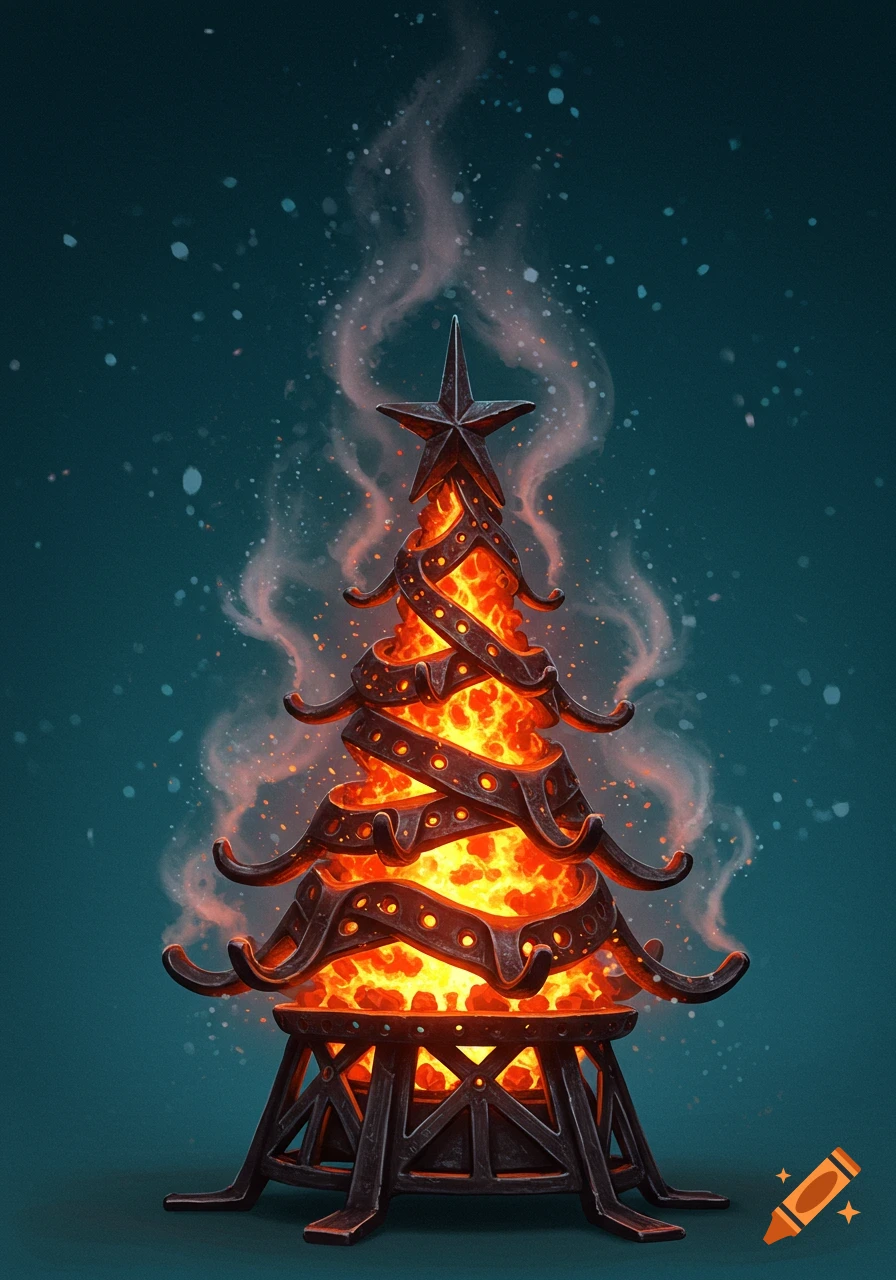 A glowing, fiery Christmas tree made of dark cast iron with a star on top, against a dark blue-green background with falling white specks.