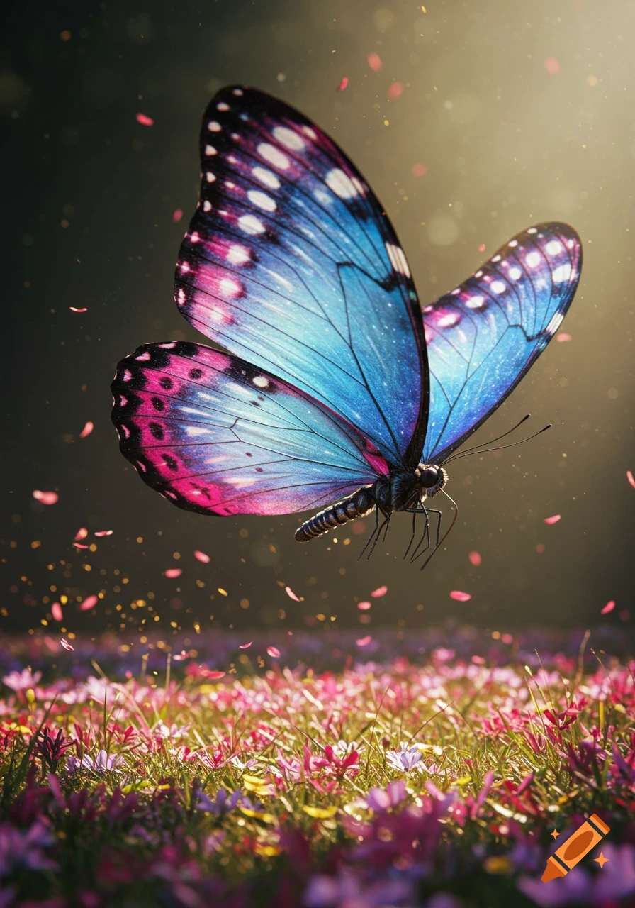 A vibrant blue and pink butterfly with white spots hovers over a field of pink and purple flowers, captured with dramatic lighting and bokeh in a realistic 3D render.