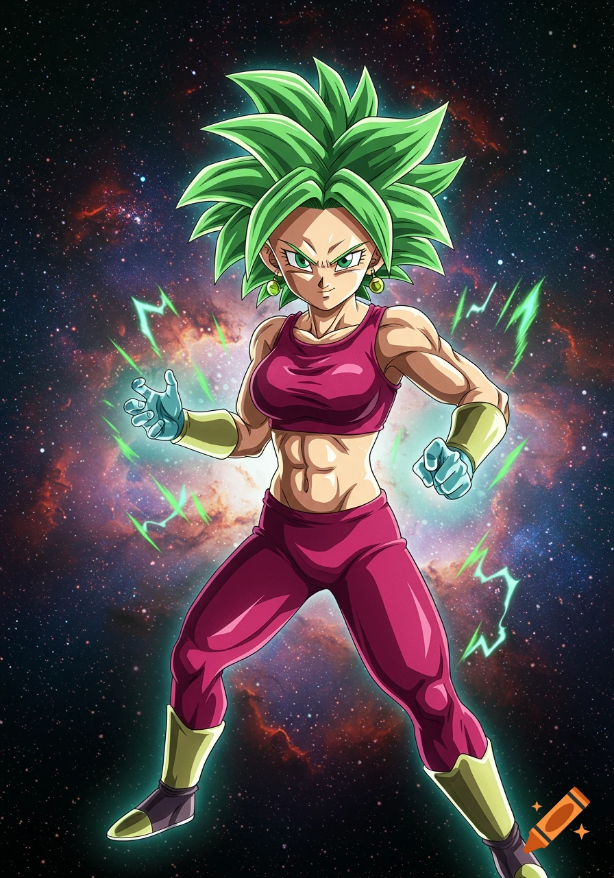 An anime character, Kefla, with green spiky hair, a red sports bra, and pants, stands with green energy aura against a starry space background.