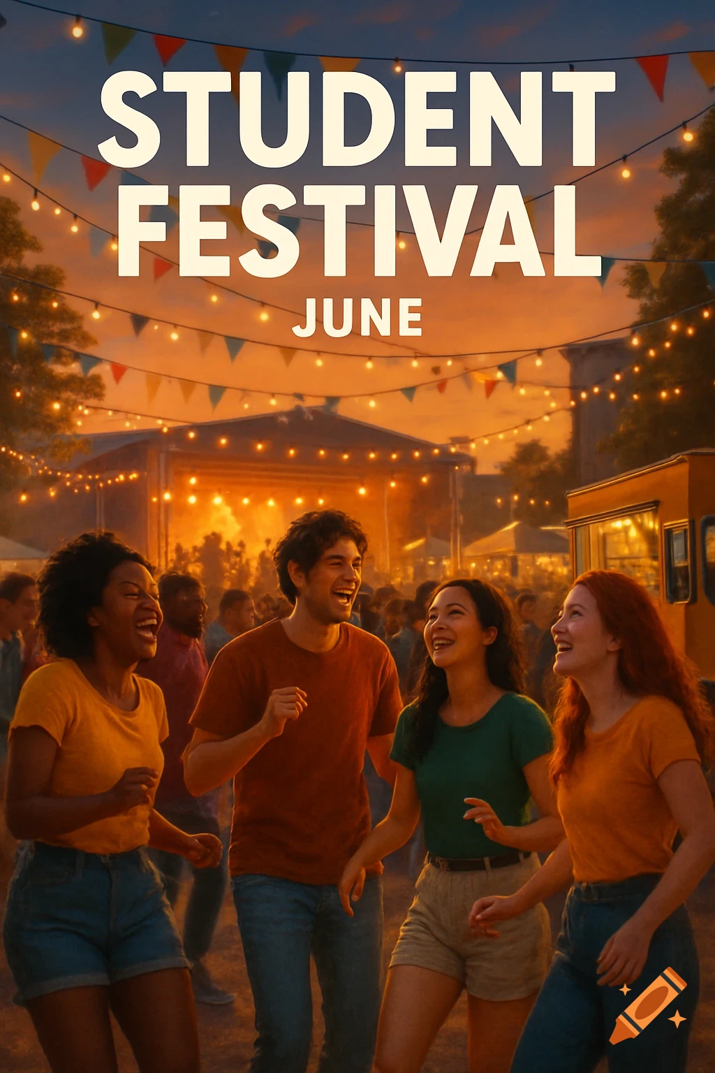 Vibrant poster of happy students at an outdoor festival with string ...