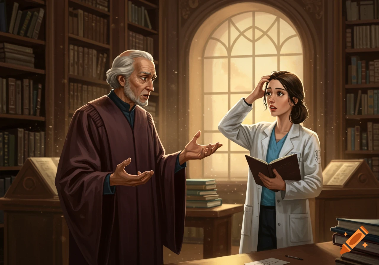 An older philosopher in robes talks to a puzzled young neuroscientist in a lab coat inside a grand library with a large window.