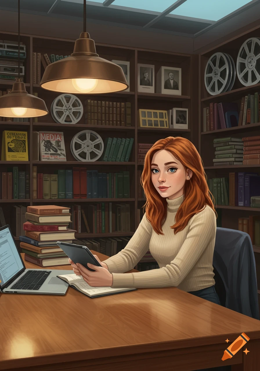An illustration of a young woman with long red hair sitting at a wooden desk in a library, looking at the viewer. She is holding a tablet with a laptop, books, and film reels nearby.