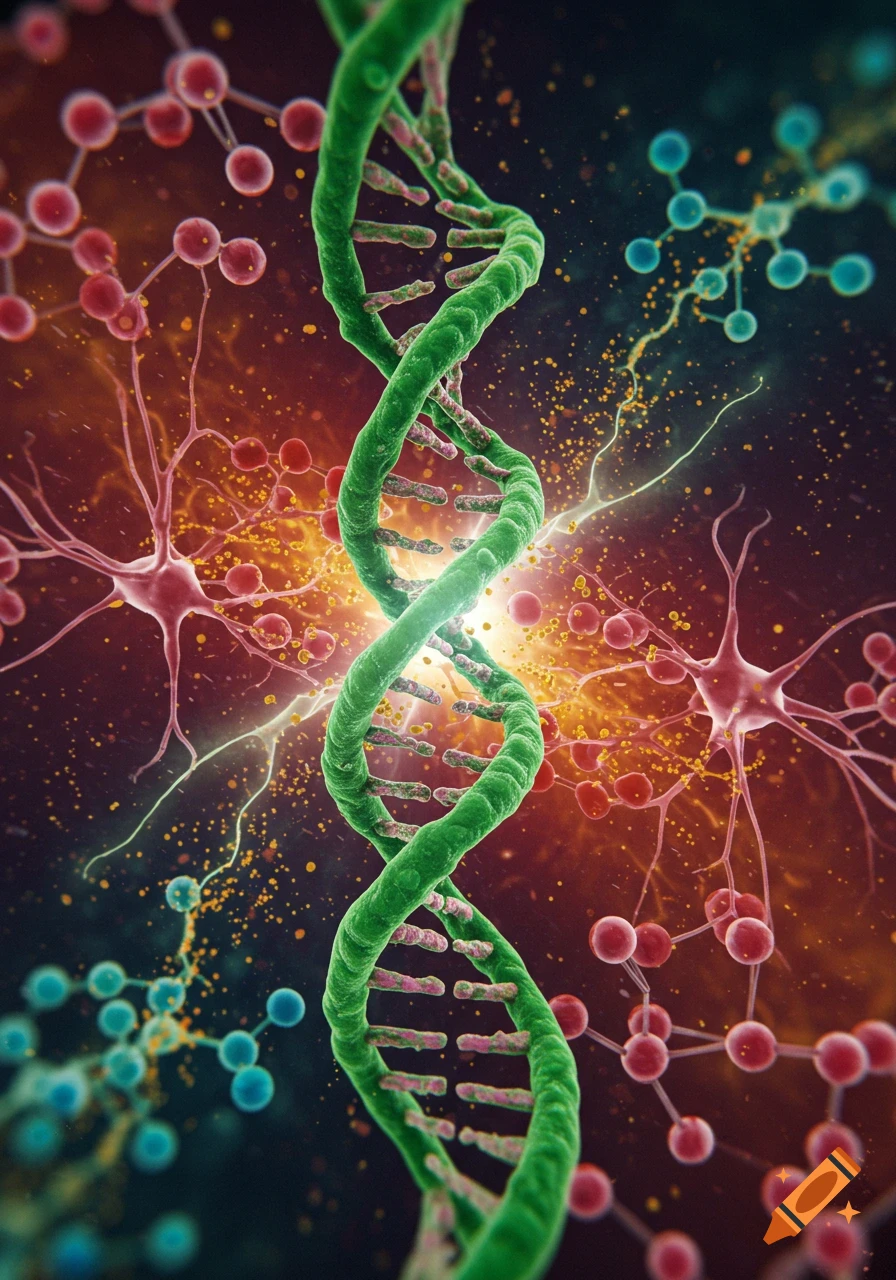 Vibrant digital illustration of a green DNA double helix surrounded by red molecular structures, blue molecules, and nerve cells.