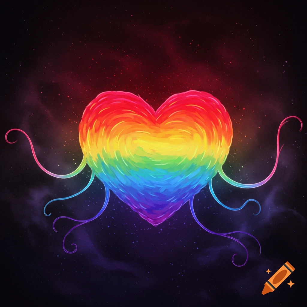 A vibrant rainbow-colored heart with glowing tendrils floats in a dark, star-filled cosmic background, illustration.