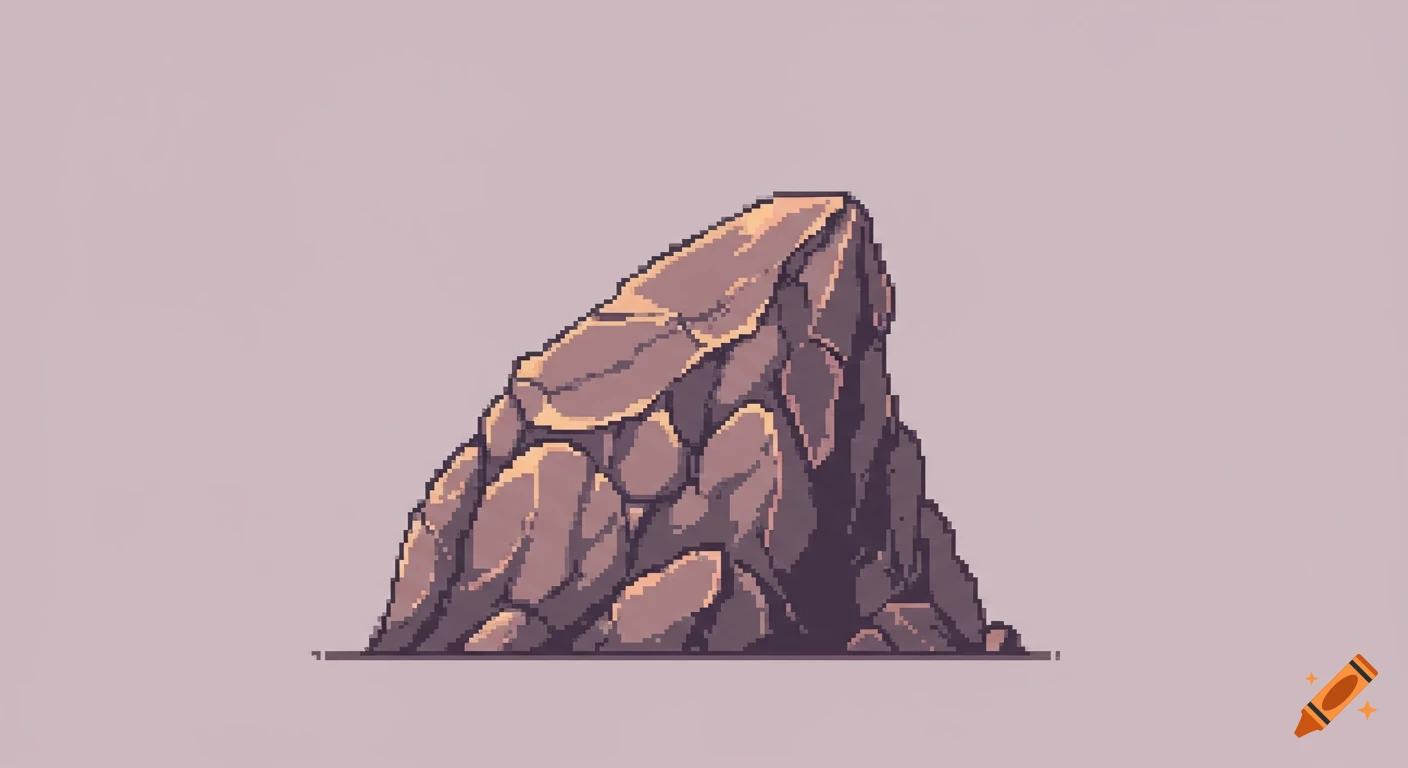 A pixel art illustration of a large, jagged brown rock in a 16-bit style, set against a light pastel background.