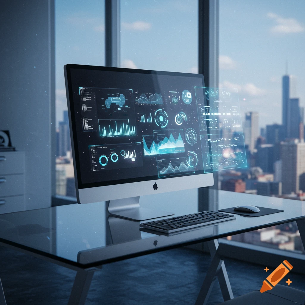 A desktop computer with data visualizations on its screen and ...