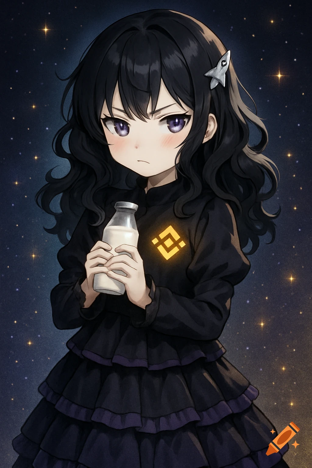 An anime girl with long black curly hair and purple eyes, wearing a black tiered dress with a glowing Binance logo, holding a milk bottle against a starry background.