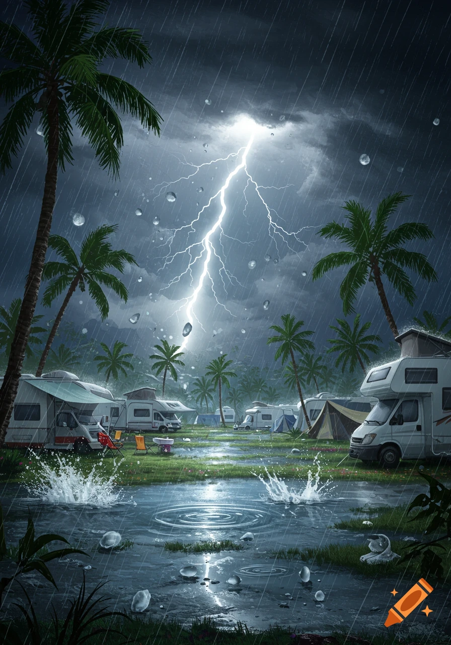 A dramatic thunderstorm at a tropical campground with palm trees, heavy rain, lightning striking, and RVs parked amidst water puddles.
