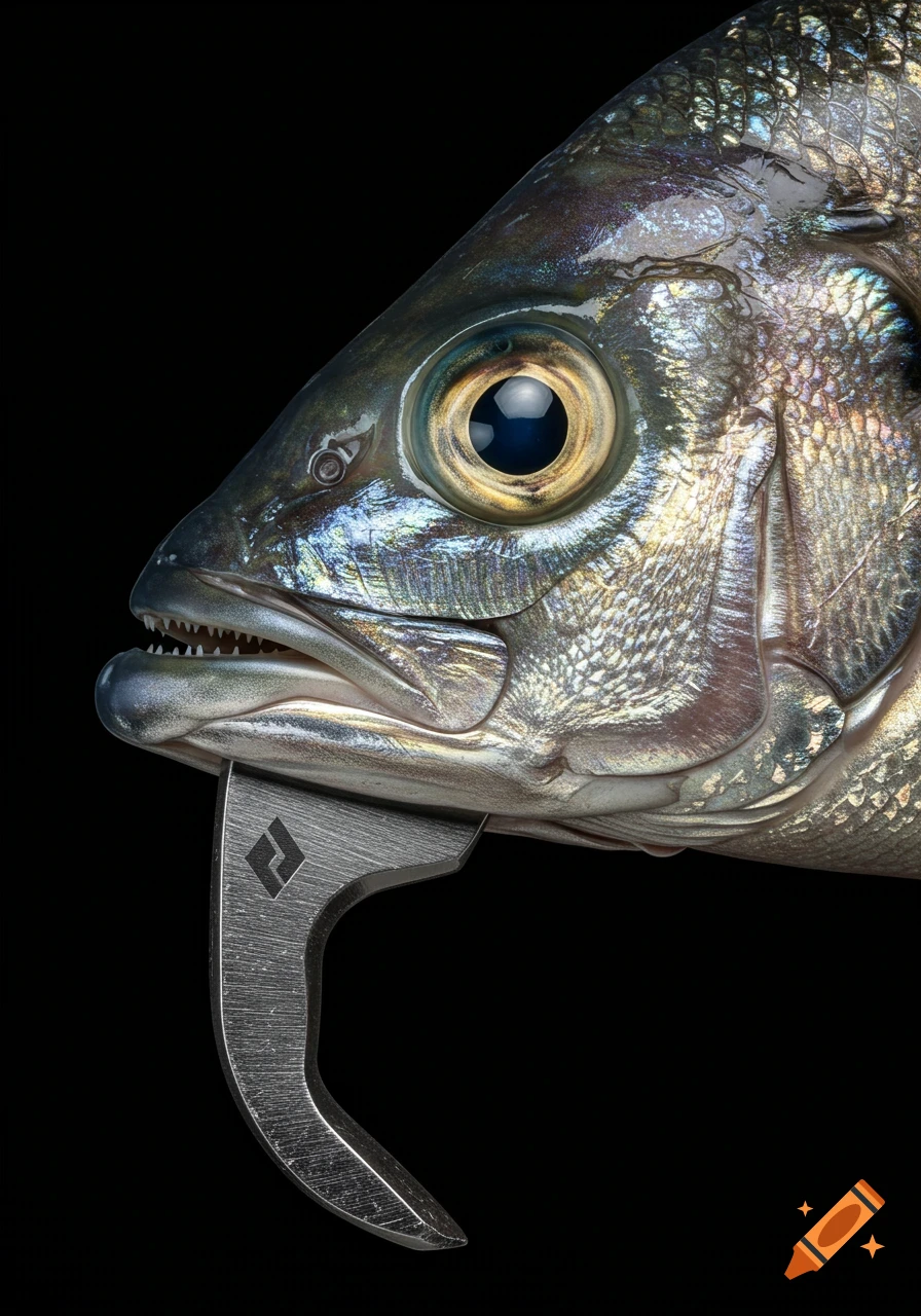 A detailed macro shot of a hybrid creature: a realistic fish head blending into a metallic climbing nut tool with a Black Diamond logo, against a black background.