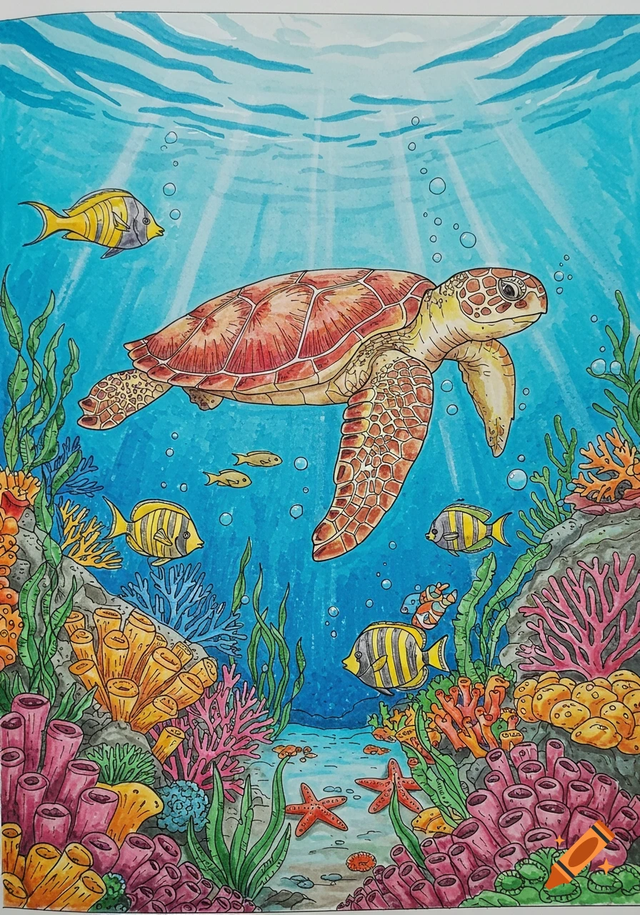 A vibrant underwater illustration of a sea turtle swimming amongst colorful coral, fish, and starfish, in a coloring book style.