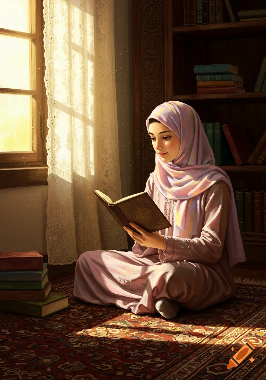 Young Muslim woman in a pink hijab and dress, reading a book while sitting on a patterned rug by a sunlit window.