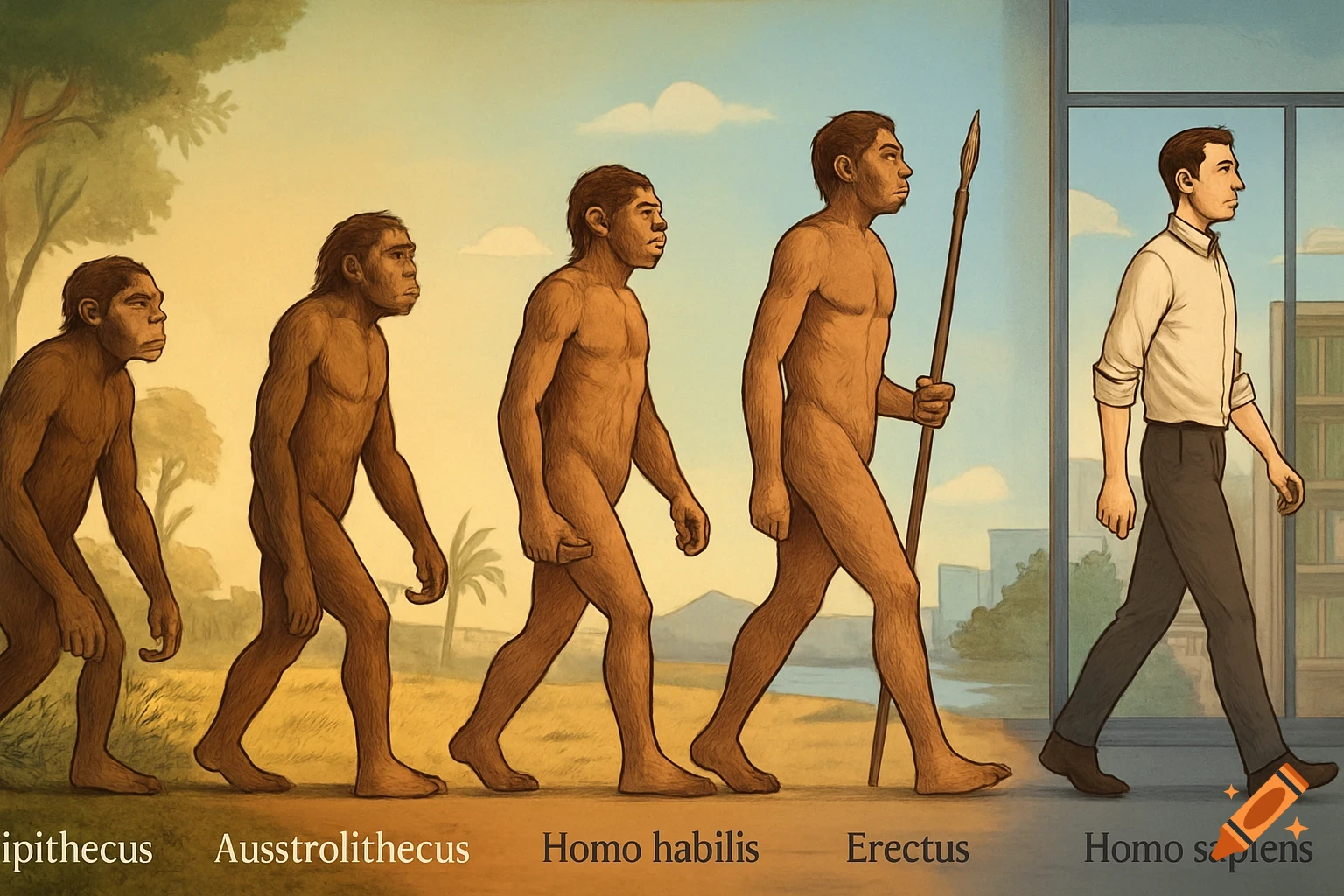 An illustration showing the process of human evolution from ape-like figures to a modern human walking rightwards, with labels below each stage.