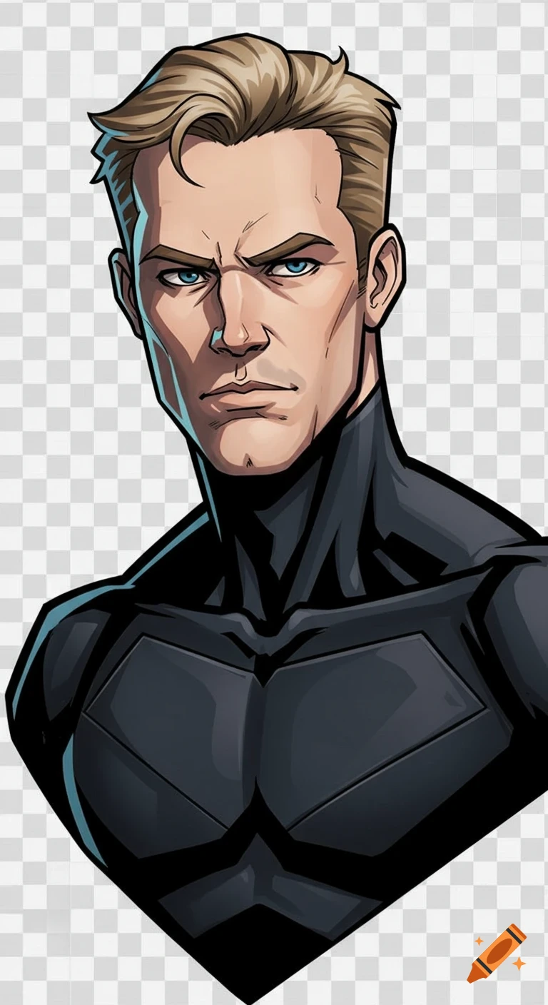 A comic book style bust portrait of a stern-faced blond man with blue eyes, wearing a dark superhero suit.
