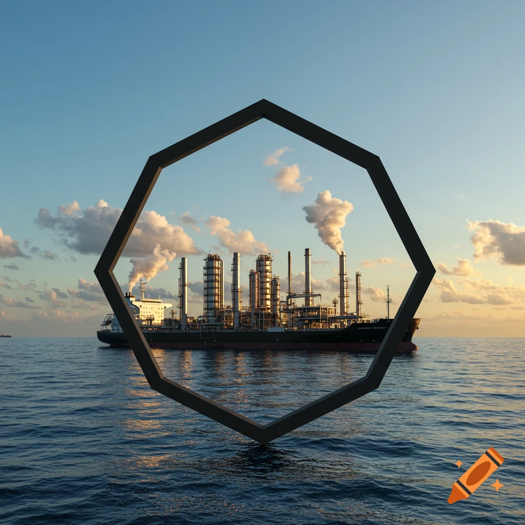 Photorealistic image of an oil refinery ship at sea through a hexagonal frame with a sunset sky.
