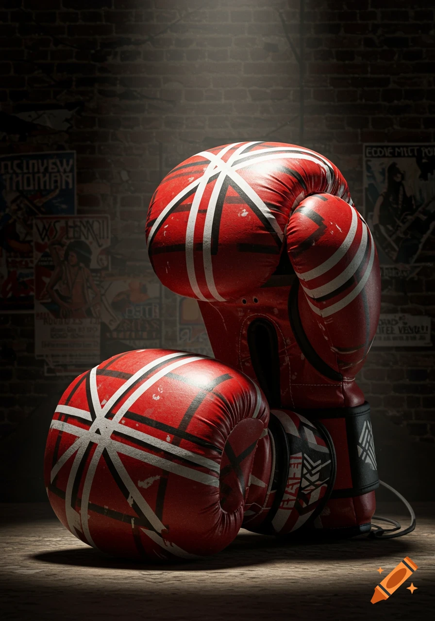 Two red boxing gloves with black and white stripes, inspired by Eddie Van Halen's guitar design, resting on a wooden surface against a brick wall.