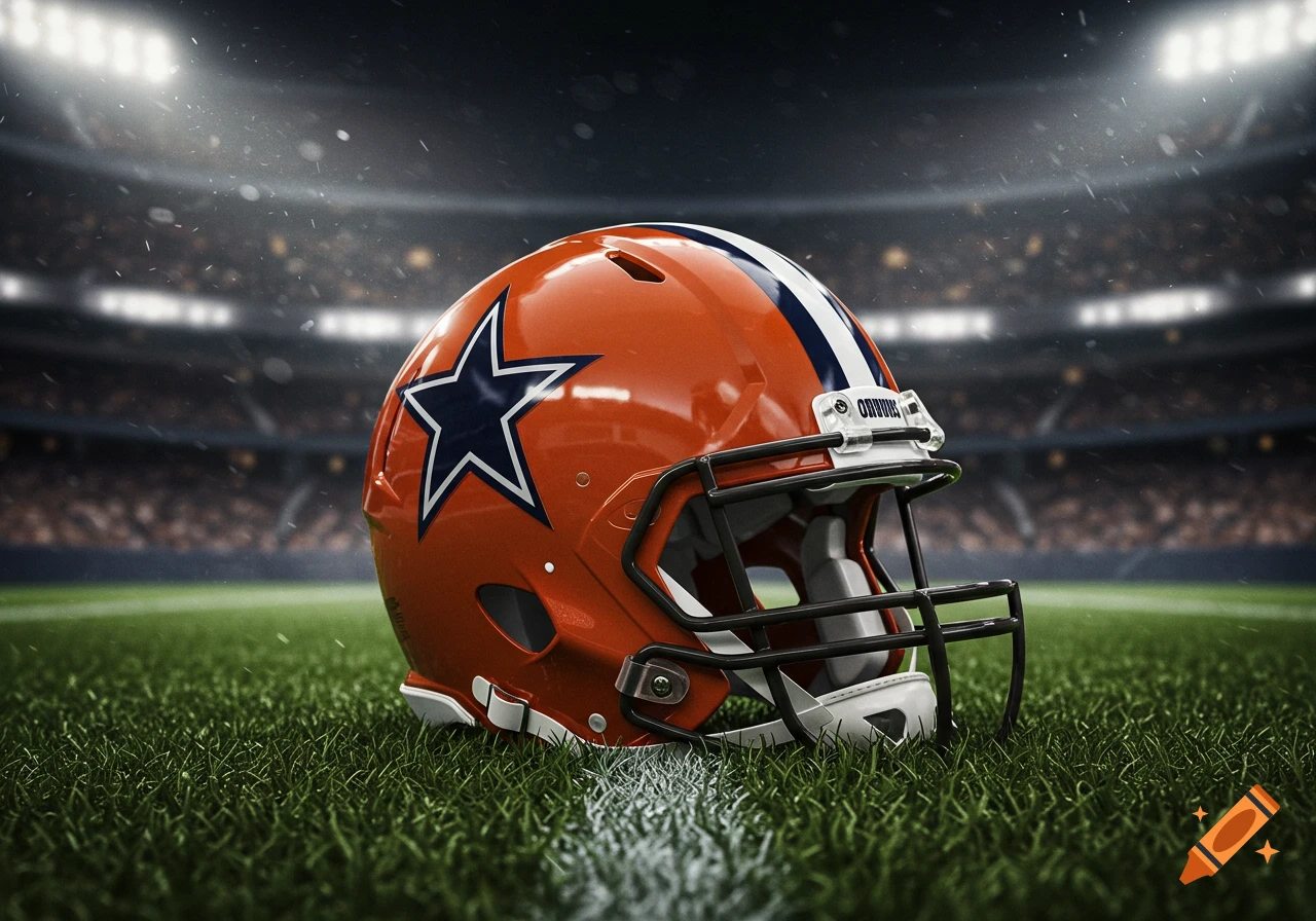 An orange football helmet with a blue star and stripes rests on a grassy field in a stadium at night under bright lights.