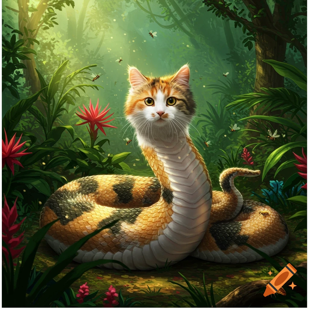 A calico cat head on a calico snake body in a lush, verdant jungle with ...