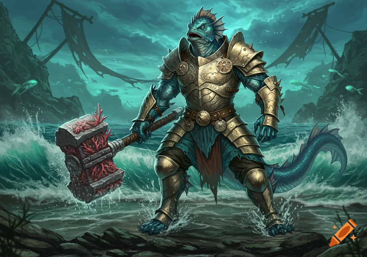 Fantasy Fish Races An armored, fish-like fantasy creature stands in stormy ocean waves ...
