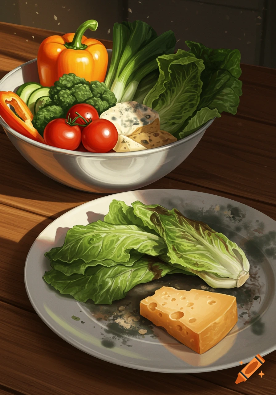 A stylized illustration showing a bowl of fresh vegetables and a plate of spoiled lettuce and cheese on a wooden table.