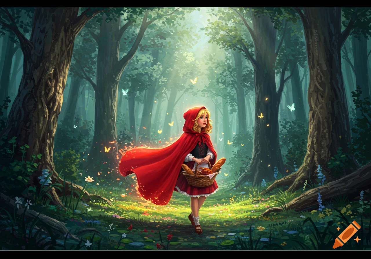 Little Red Riding Hood with a basket walks through a vibrant, sun-dappled enchanted forest with butterflies.