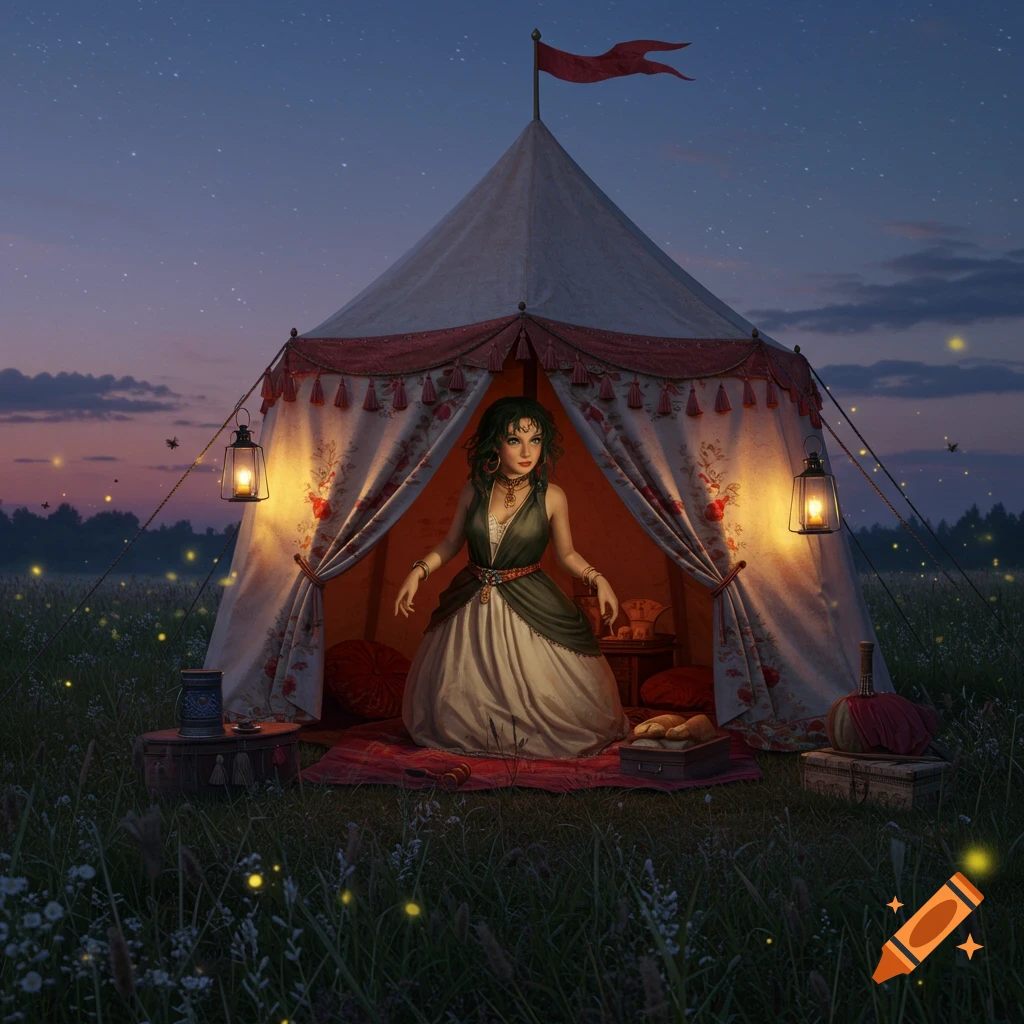 A woman with green hair sits inside an ornate tent in a field at night, surrounded by fireflies under a starry sky.