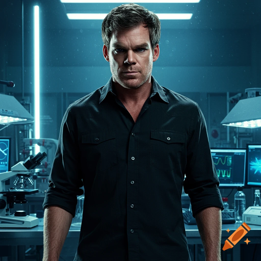 Photorealistic portrait of Dexter Morgan (Michael C. Hall) in a dimly lit lab, looking intensely at the viewer.