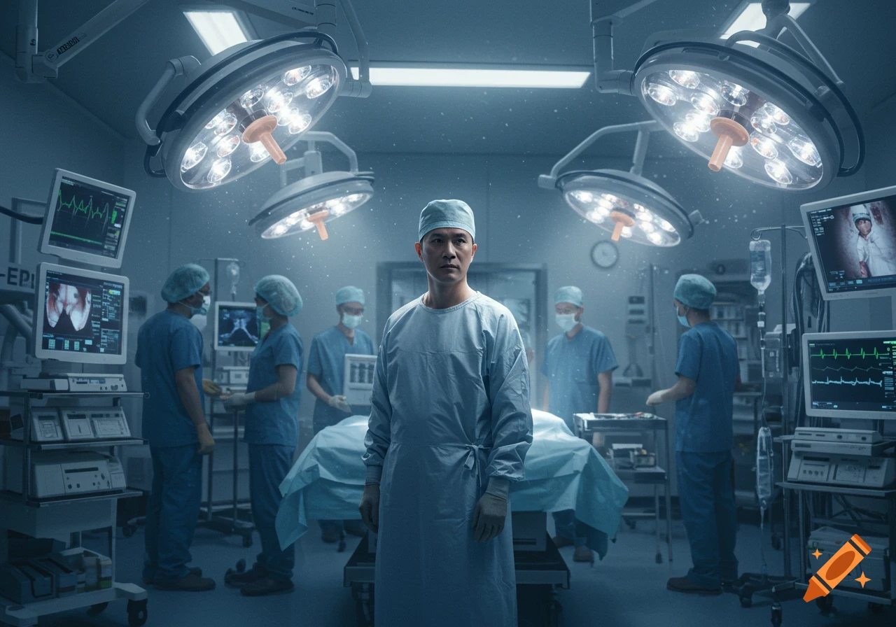 Photorealistic image of a doctor in surgical scrubs standing in a brightly lit operating theater, surrounded by medical equipment and masked staff.