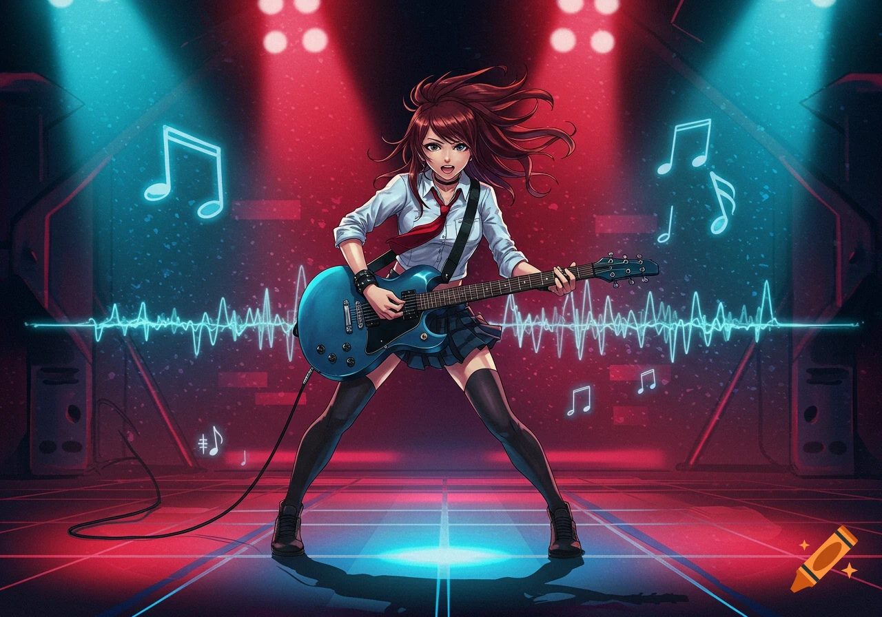 An anime girl with brown hair in a school uniform plays a blue electric guitar on a stage with neon musical notes and sound waves under red and blue spotlights.