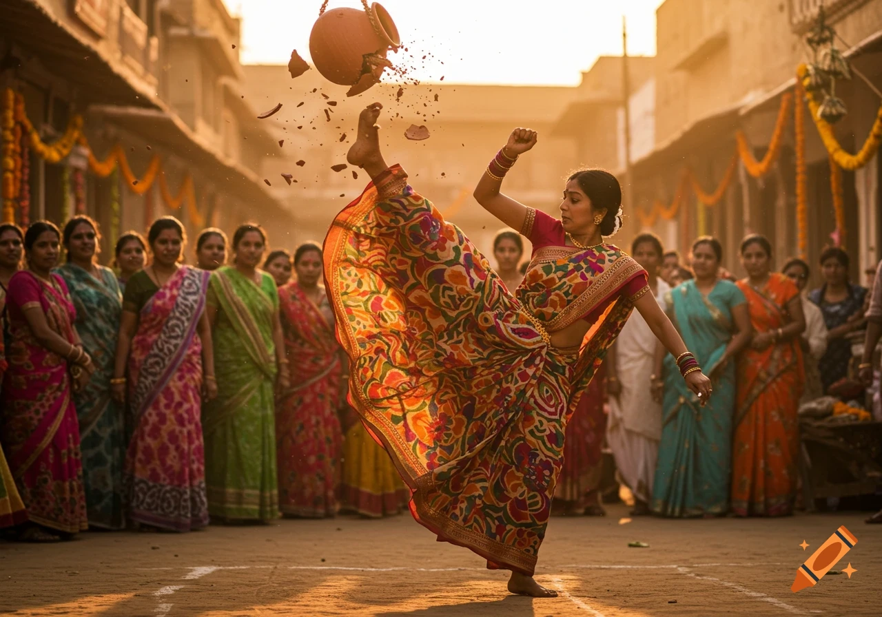 An Indian woman in a colorful sari high-kicks a clay pot, shattering it into pieces in a lively street during sunset.