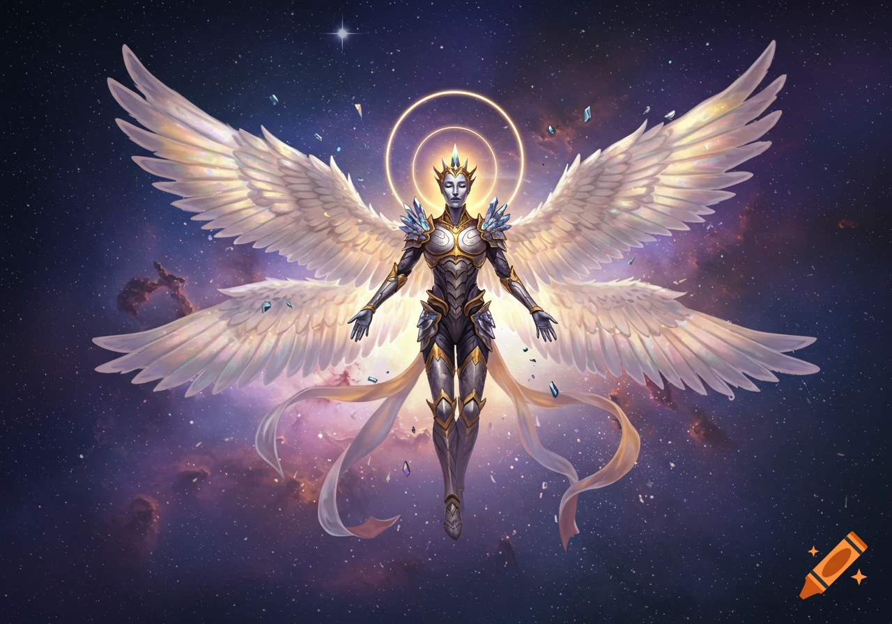 A majestic armored angel with large white wings and a glowing halo floats in deep space with nebulae.