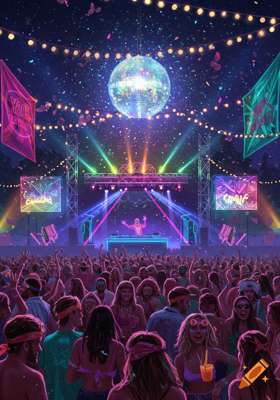 Vibrant night scene of a crowded music festival with a DJ on stage, disco ball, bright lights, and confetti falling over the dancing attendees.