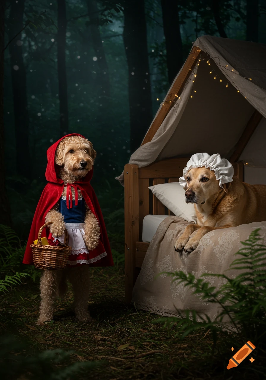 A poodle mix in a Little Red Riding Hood costume holds a basket, standing in a forest next to a Labrador in a bonnet lying in a bed.