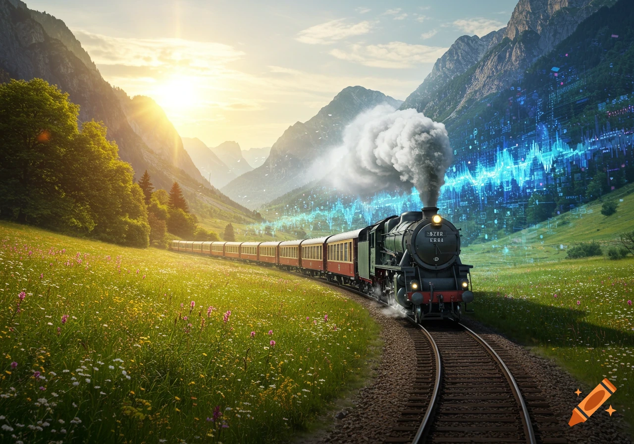 A photorealistic train travels through a sunlit mountain valley, with green fields transforming into a digital landscape.