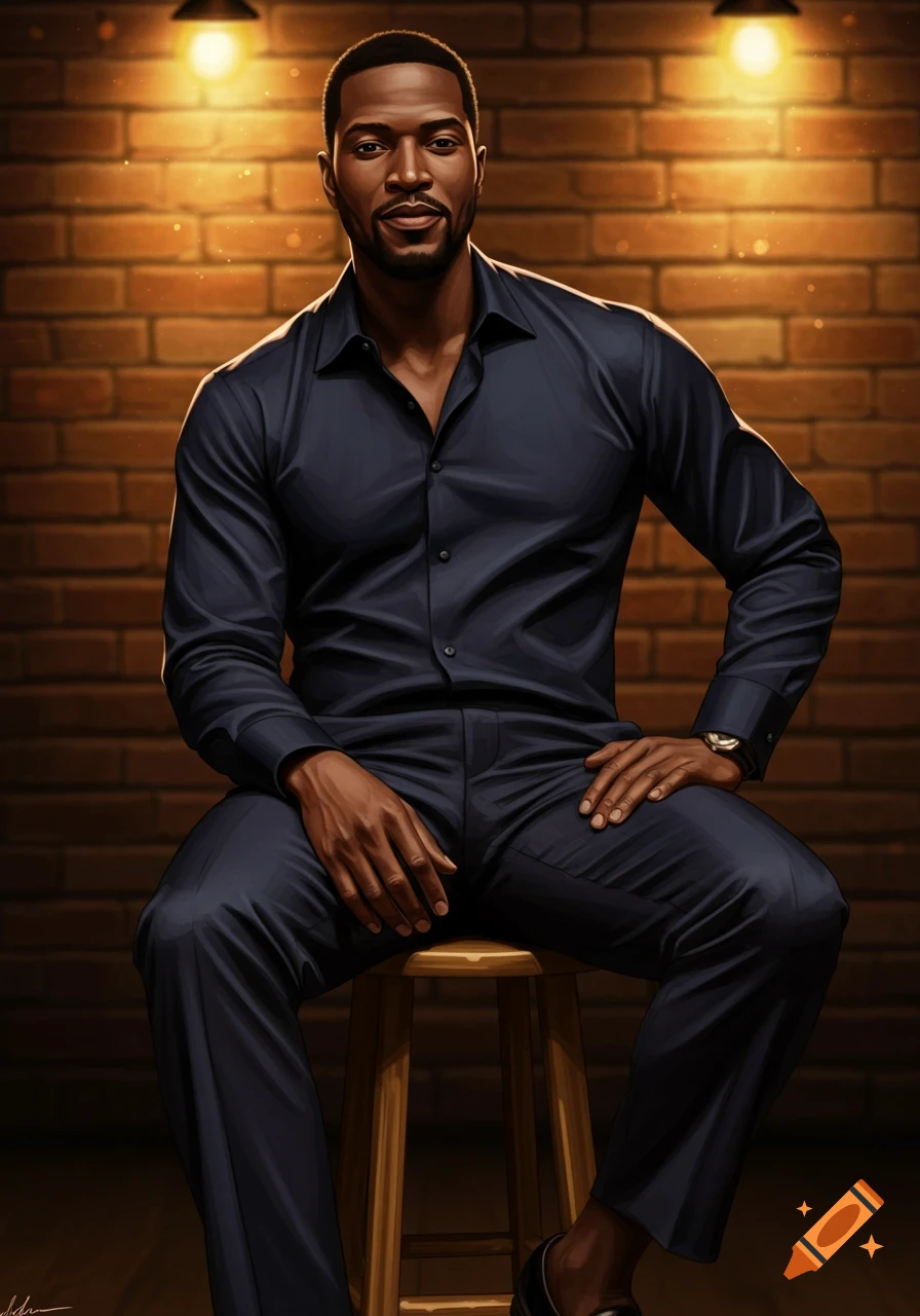 A handsome man in a dark blue shirt and pants sits on a wooden stool against a brick wall with warm lighting.